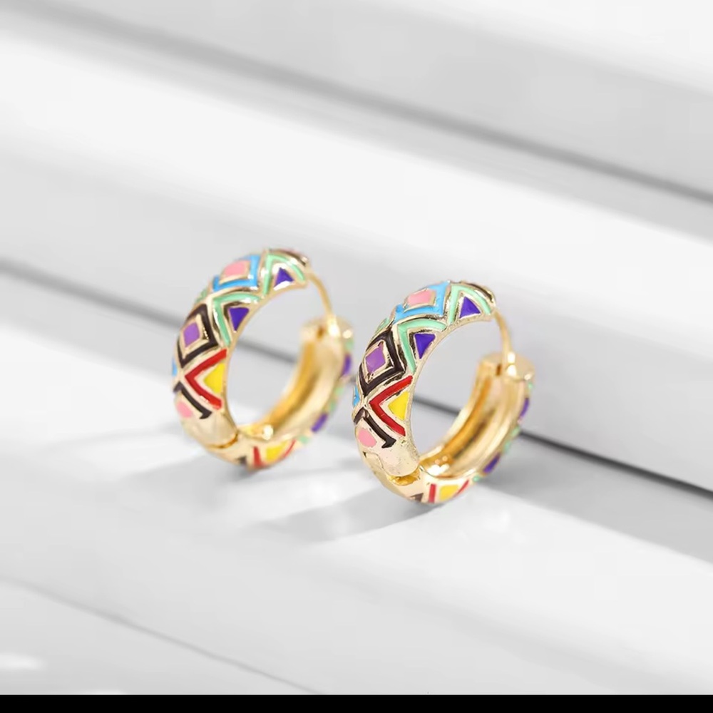 Colorful Enamel Geometric Hoop Earrings - Picture 2 of 6